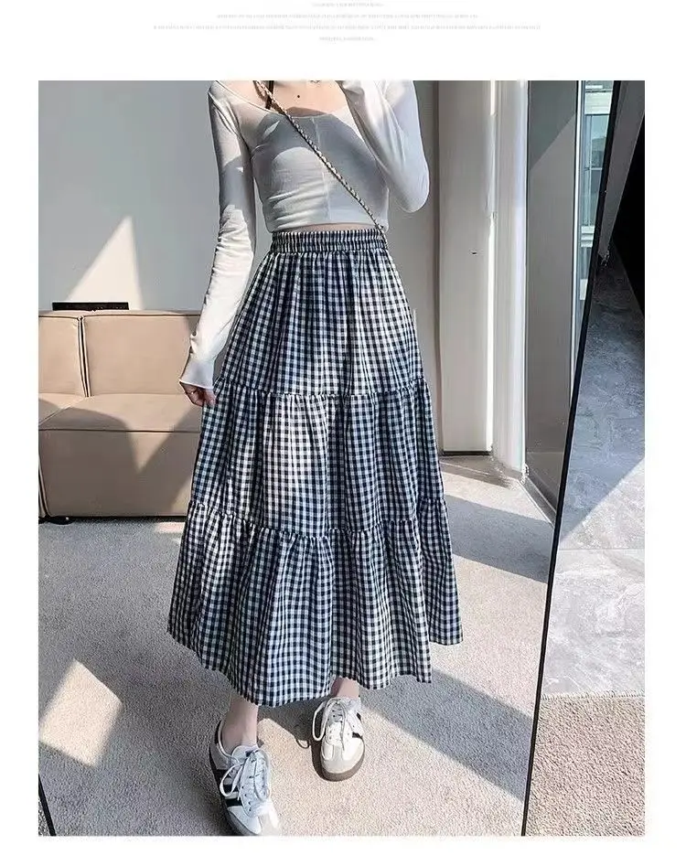 Patchwork Tiered Skirt Women 2025 Summer Vintage Checkered High Waisted Elastic Waist Slimming Midi Skir