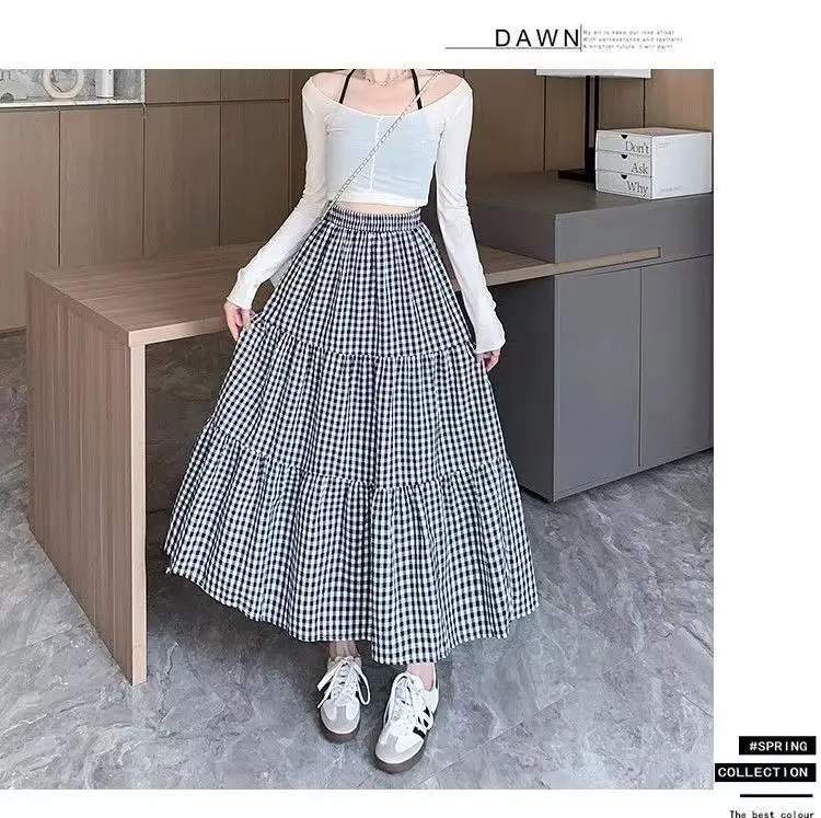 Patchwork Tiered Skirt Women 2025 Summer Vintage Checkered High Waisted Elastic Waist Slimming Midi Skir