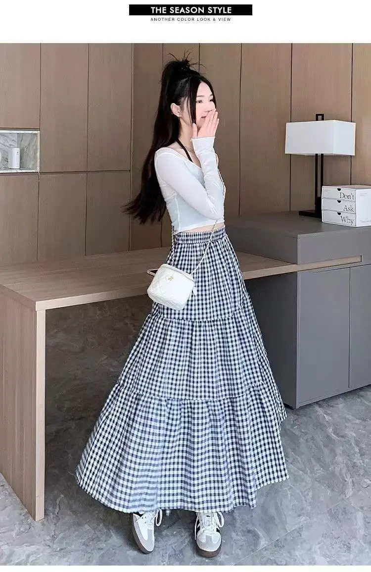Patchwork Tiered Skirt Women 2025 Summer Vintage Checkered High Waisted Elastic Waist Slimming Midi Skir