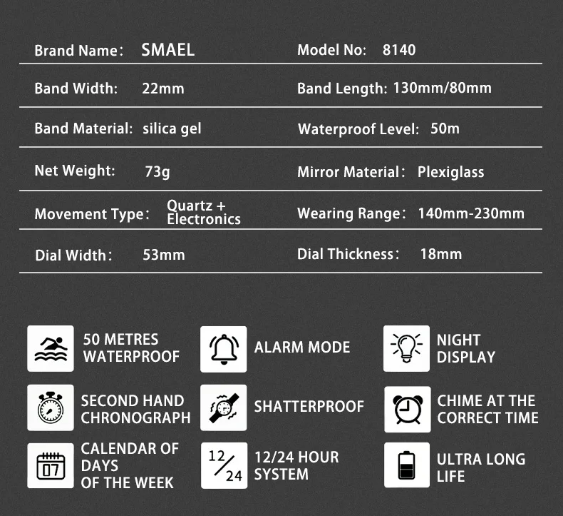 SMAEL Brand 8140 Waterproof Dropshipping Watch Alarm Clock Night Light Young Fashion Business Quartz Sport Wristwatches