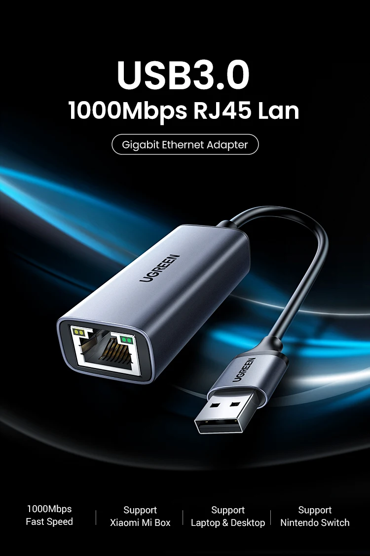 UGREEN USB Ethernet Adapter USB 3.0 Network Card to USB RJ45 Lan for PC Windows 10 Xiaomi Mi Box 3/S Nintend Switch Ethernet USB