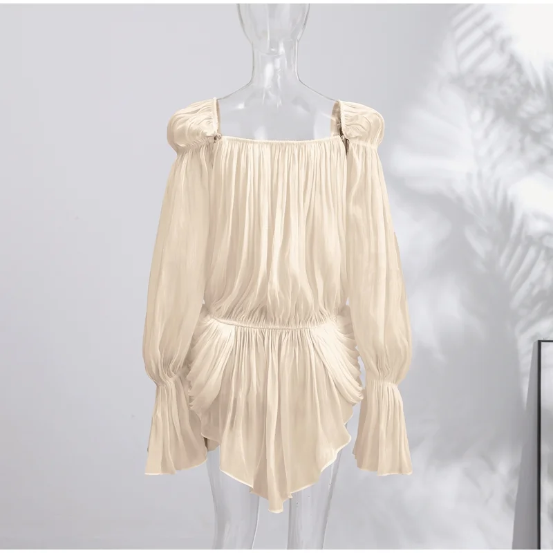 Satin Off-Shoulder Pleated Mini Dress for Women Fashion Puff Sleeve Cinched Waist Prom Party Skirt 2026 NEW Spring Lady Dresses