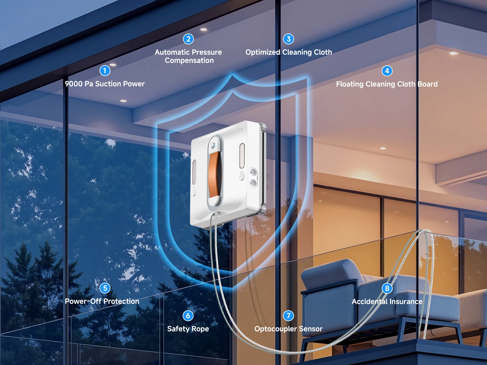 Lubluelu Robot Window Washer 8-Layer Safety Protection 9000Pa Suction Intelligent Path Edge Cleaning Home Glass Cleaning Robot
