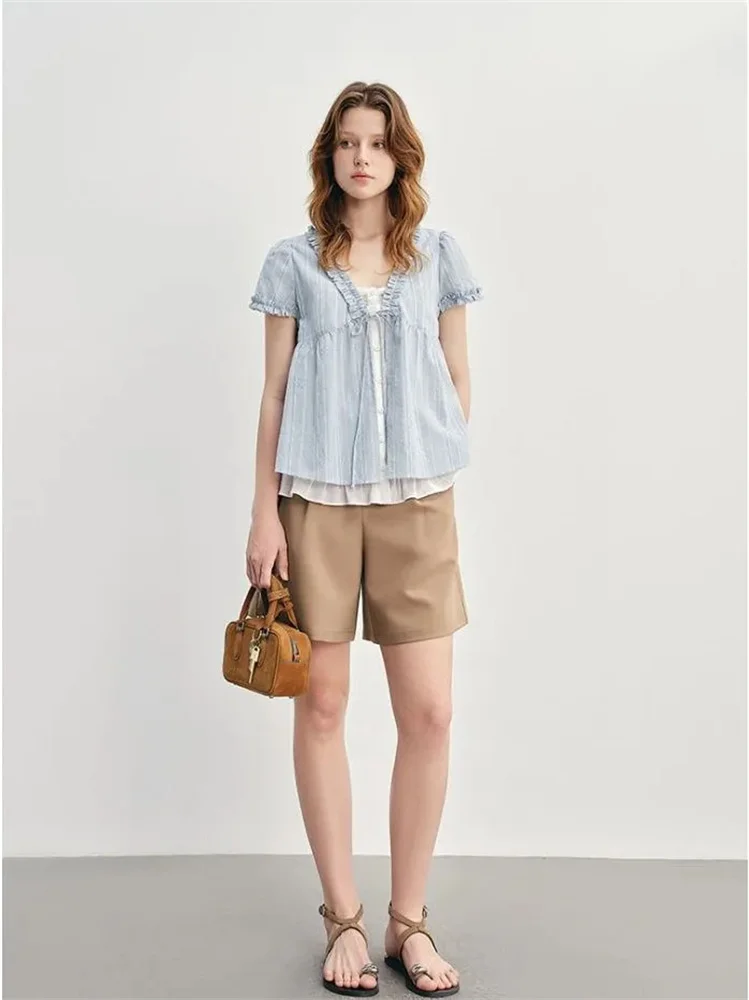 Blue Summer Women's irt V-ne Puffy Sve Loose Faionable ort-sved Knot Top Korean Sle Sweet Loose