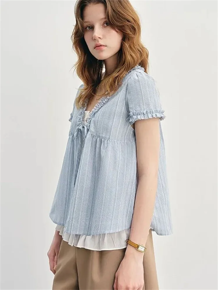 Blue Summer Women's irt V-ne Puffy Sve Loose Faionable ort-sved Knot Top Korean Sle Sweet Loose
