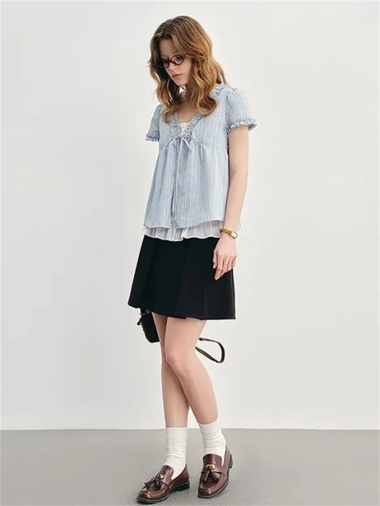 Blue Summer Women's irt V-ne Puffy Sve Loose Faionable ort-sved Knot Top Korean Sle Sweet Loose