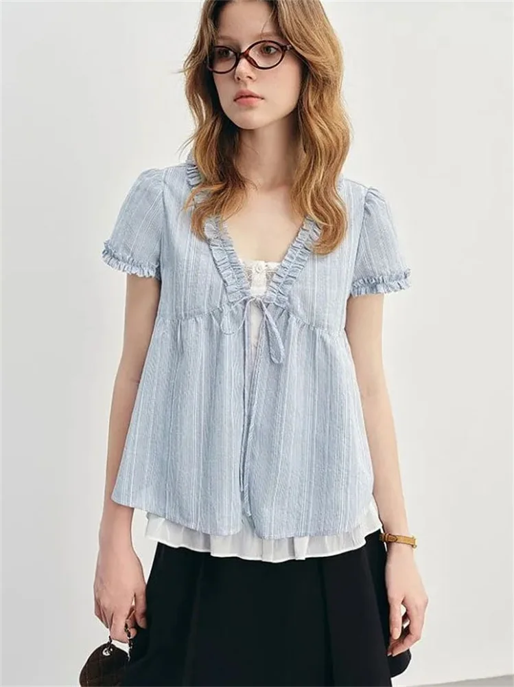 Blue Summer Women's irt V-ne Puffy Sve Loose Faionable ort-sved Knot Top Korean Sle Sweet Loose