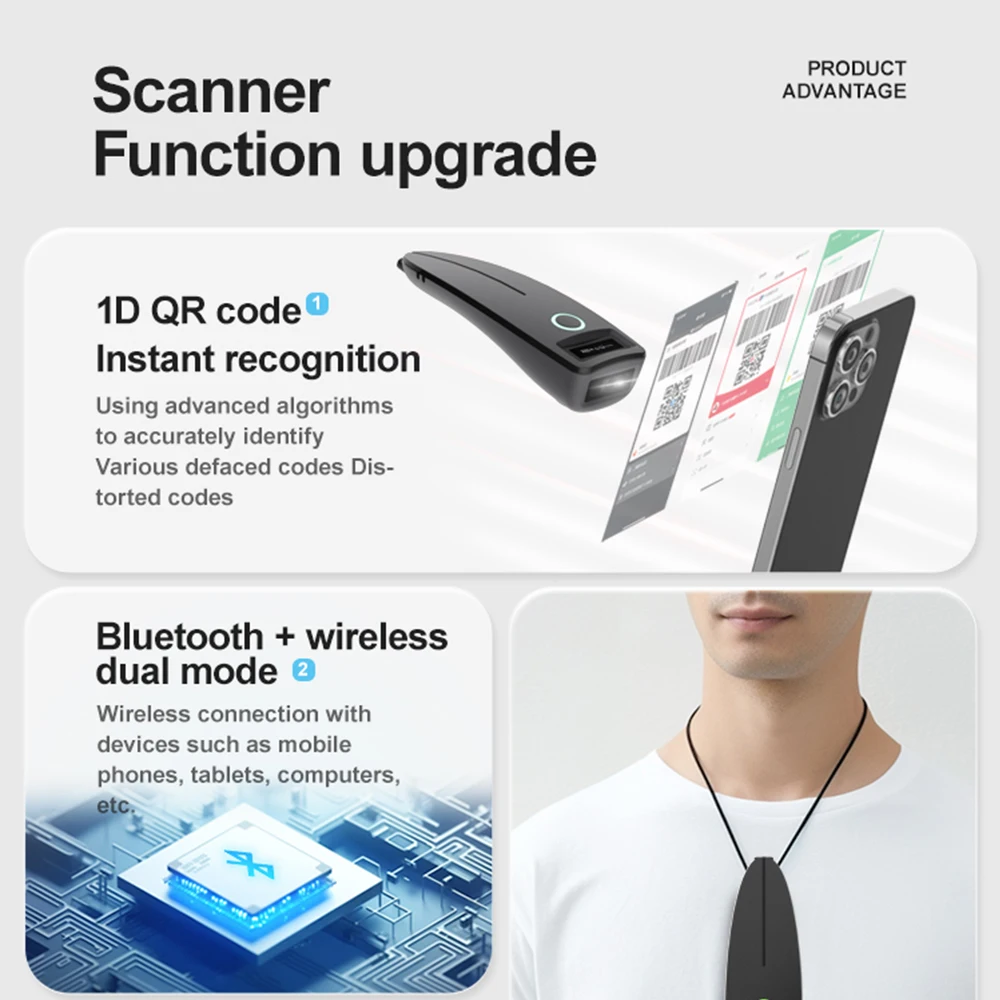 2D Barcode Scanner Mini 2.4G Wireless Bluetooth Handheld Portable 1D 2D QR Code Data Matrix PDF417 Reader With Storage Function