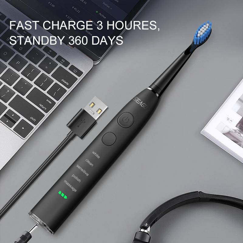Seago Electric Toothbrush USB Rechargeable Adult 360 Days Long Battery Life IPX7 4 Replacement Heads Travel Box  SG-575