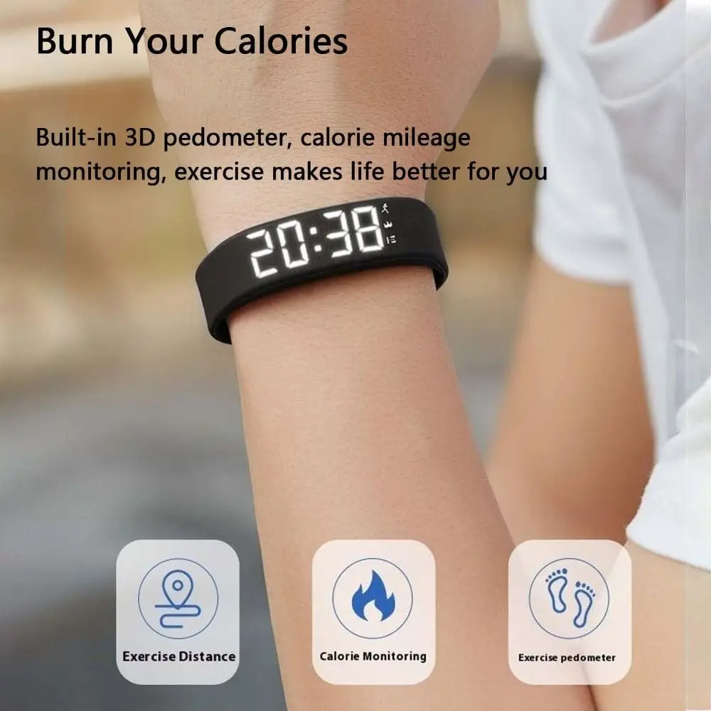 LED Digital Alarm Clock Watch Adjustable Silicone Snooze-proof Alarm Bracelet with Running Pedometer Waterproof Vibrating Alarm