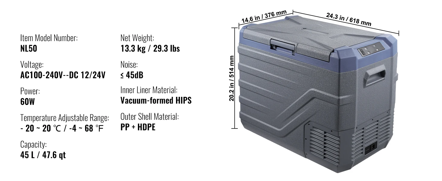 SucceBuy 30/37/45L Car Refrigerator Single Zone Portable Freezer&Built-in Light Compressor Cooler for Outdoor Camping RV