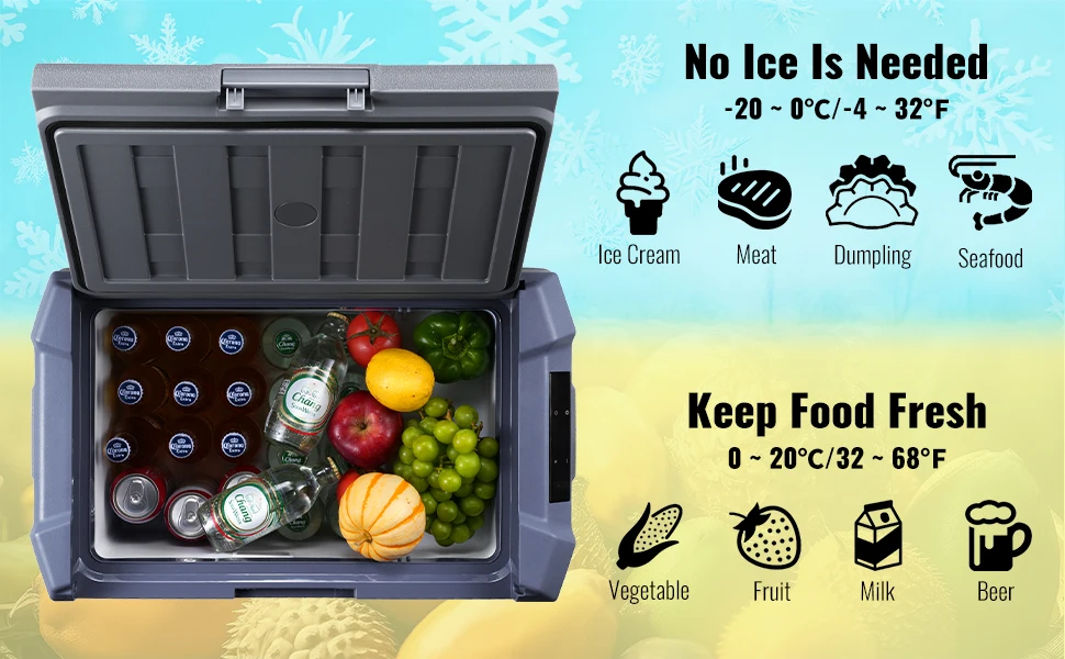 SucceBuy 30/37/45L Car Refrigerator Single Zone Portable Freezer&Built-in Light Compressor Cooler for Outdoor Camping RV