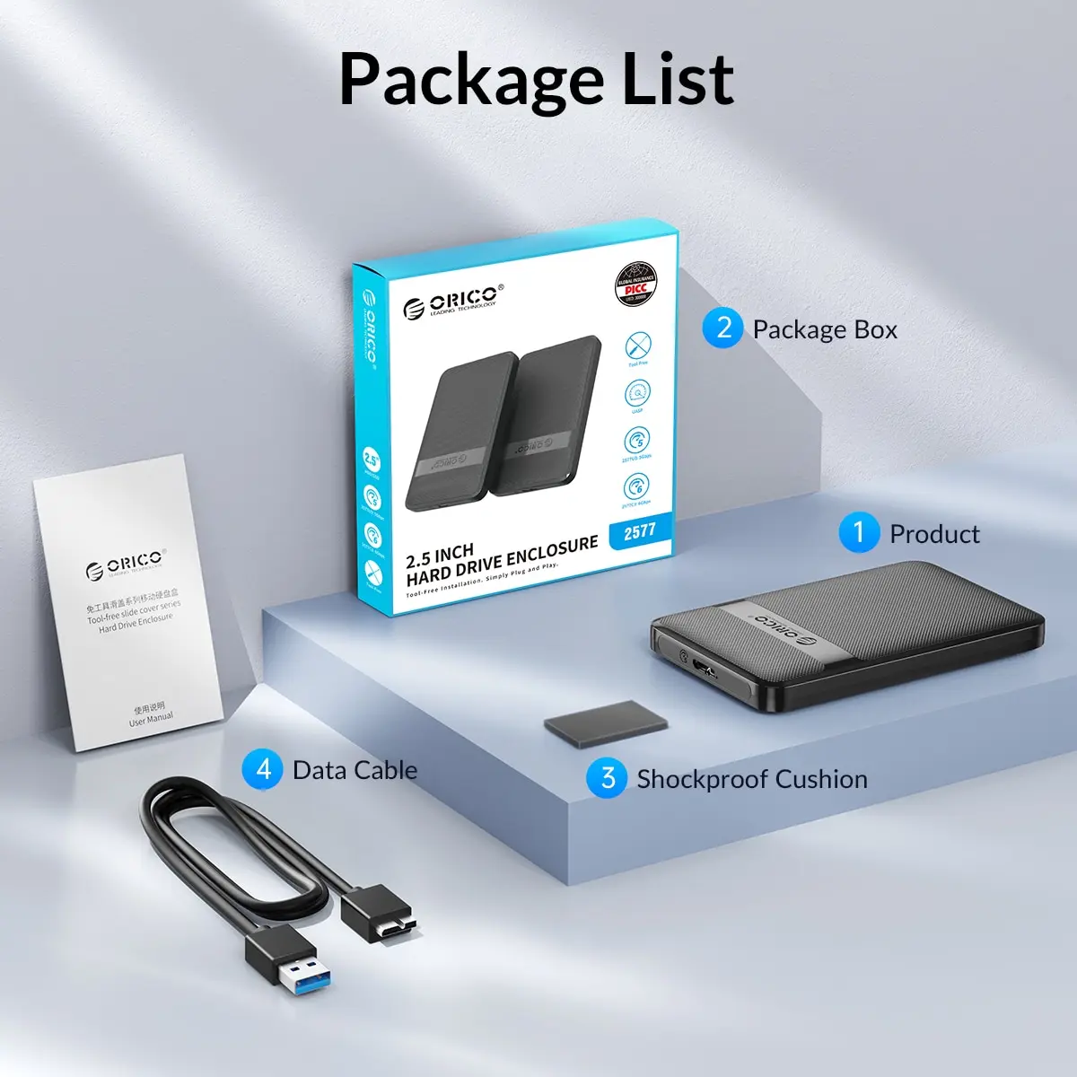 ORICO HDD Case 2.5 Inch SATA to USB3.0/Type-C HDD Enclosure 6Gbps Max USB-C External SATA HDD Enclosure Support Auto-Sleep