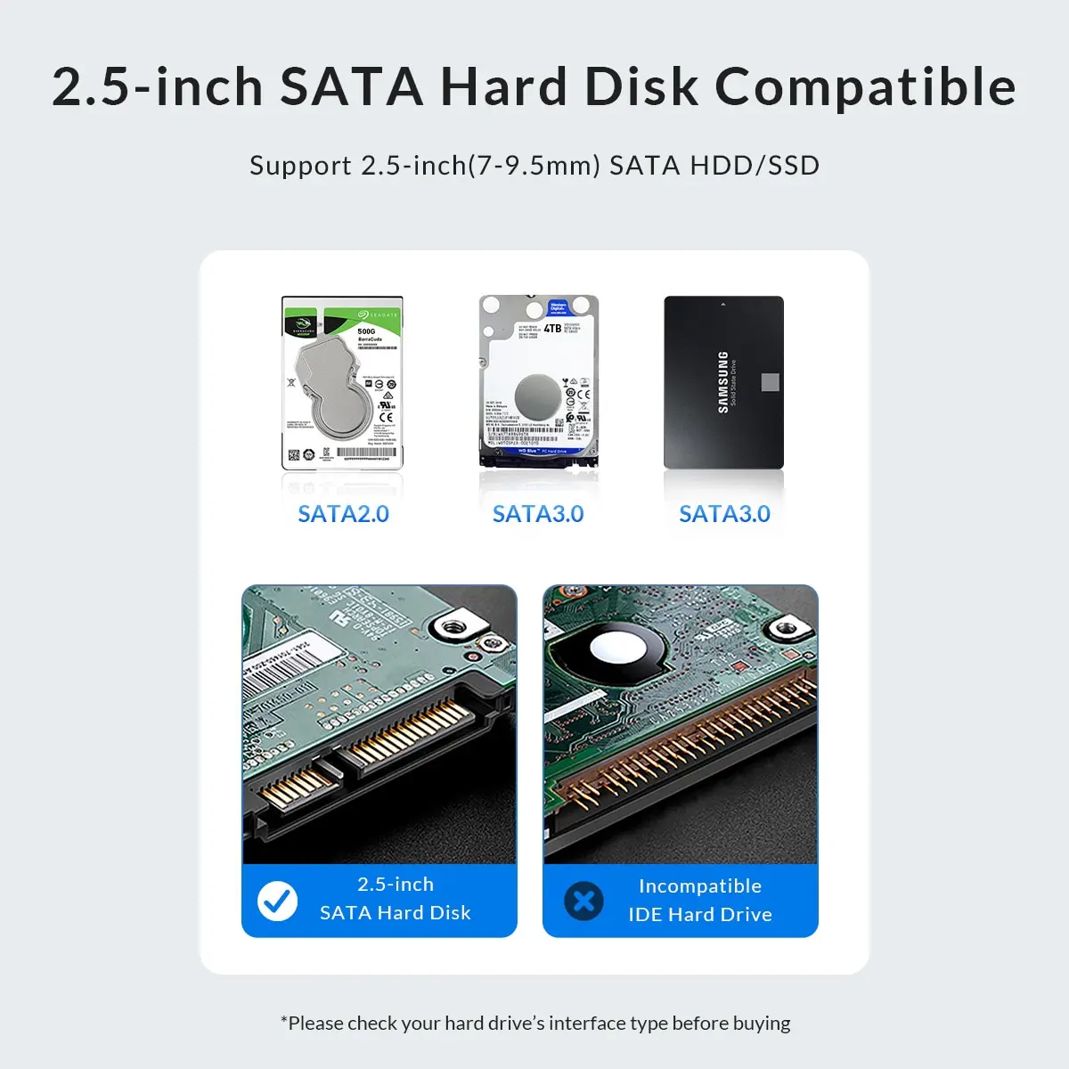 ORICO HDD Case 2.5 Inch SATA to USB3.0/Type-C HDD Enclosure 6Gbps Max USB-C External SATA HDD Enclosure Support Auto-Sleep