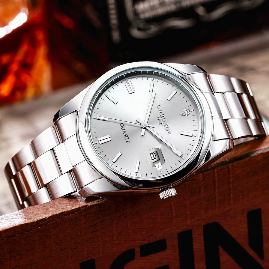 CHRONOS Top Brand Luxury Man Wristwatch Waterproof Luminous Date Men Watches Stainless Steel Quartz Men's Watch Male reloj