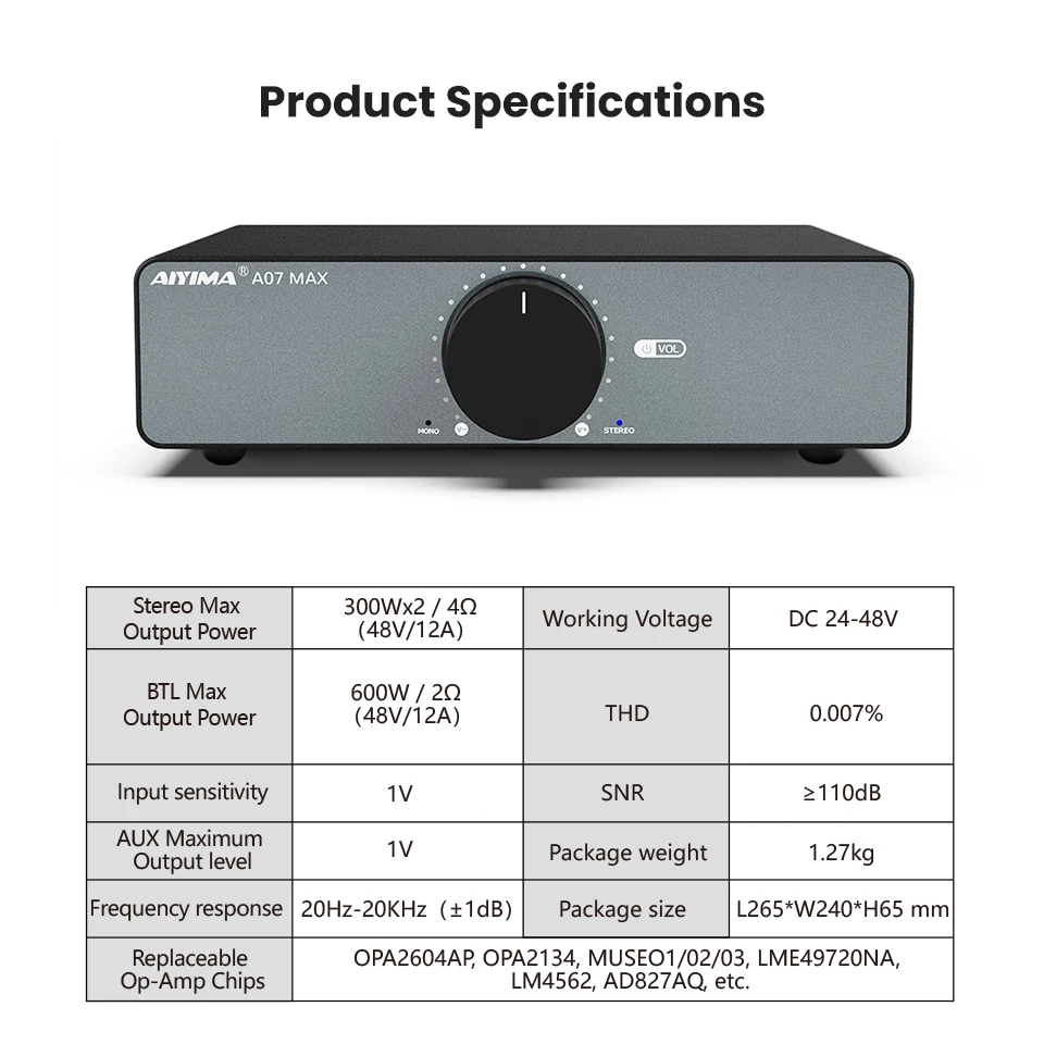 AIYIMA A07 MAX Amplifier Home Audio 300W X2 TPA3255 Class D Power Speaker Amp 2 Channel Bridgeable Mono 600 W Stereo Amplifier