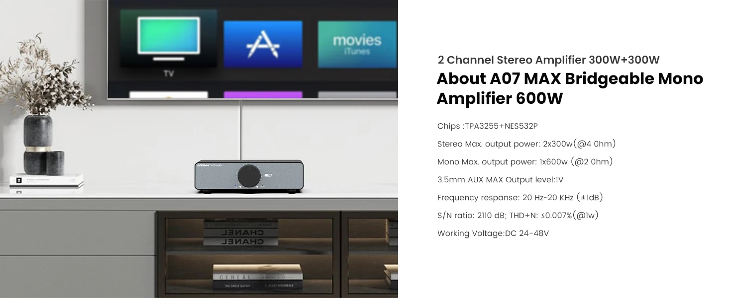 AIYIMA A07 MAX Amplifier Home Audio 300W X2 TPA3255 Class D Power Speaker Amp 2 Channel Bridgeable Mono 600 W Stereo Amplifier