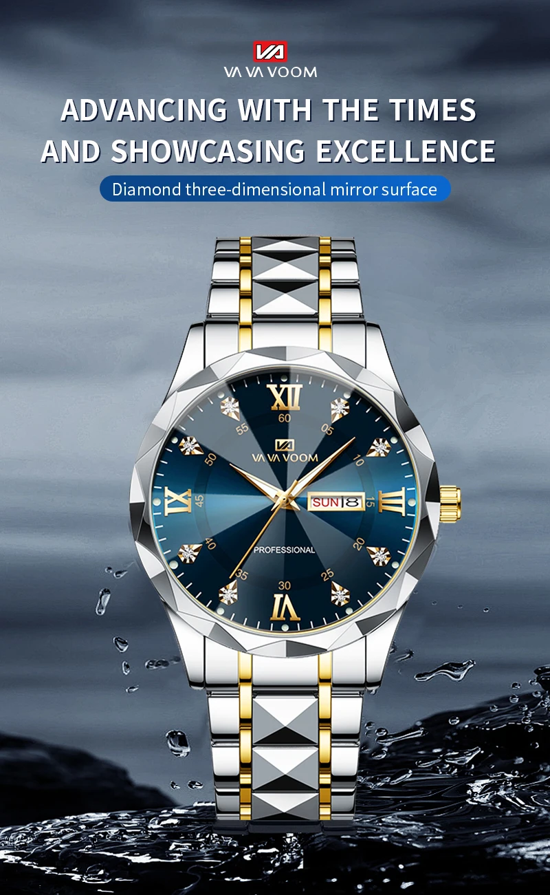 VA VA VOOM Luxury Rhinestone Watch Men Fashion Business 41mm Case Luminous Stainless Steel 3Bar Waterproof Quartz Watch for Men