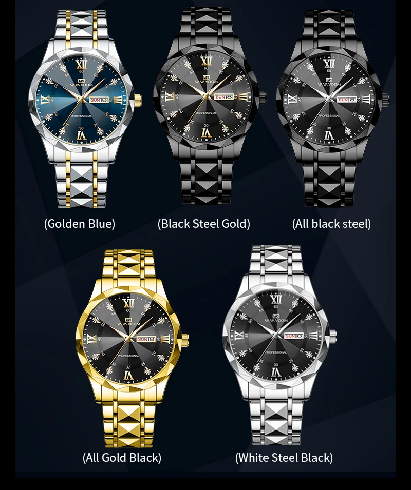 VA VA VOOM Luxury Rhinestone Watch Men Fashion Business 41mm Case Luminous Stainless Steel 3Bar Waterproof Quartz Watch for Men