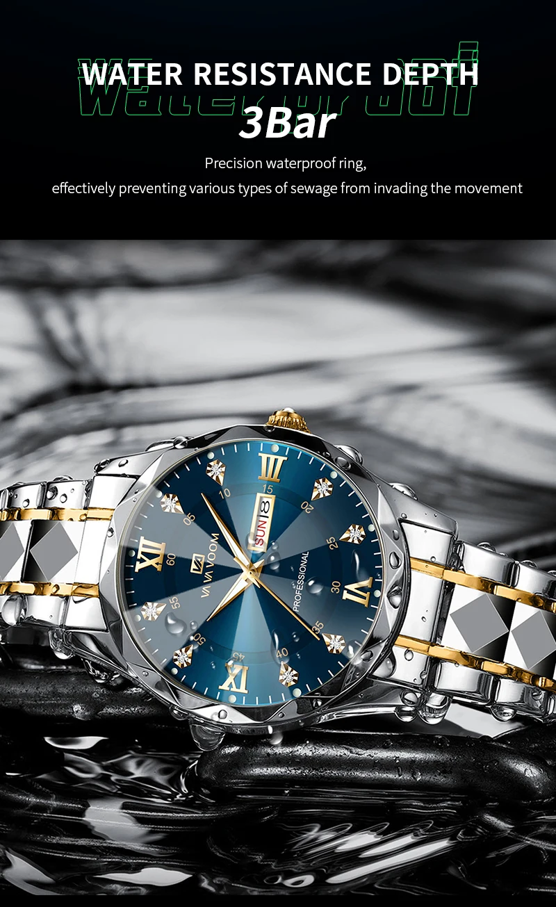 VA VA VOOM Luxury Rhinestone Watch Men Fashion Business 41mm Case Luminous Stainless Steel 3Bar Waterproof Quartz Watch for Men