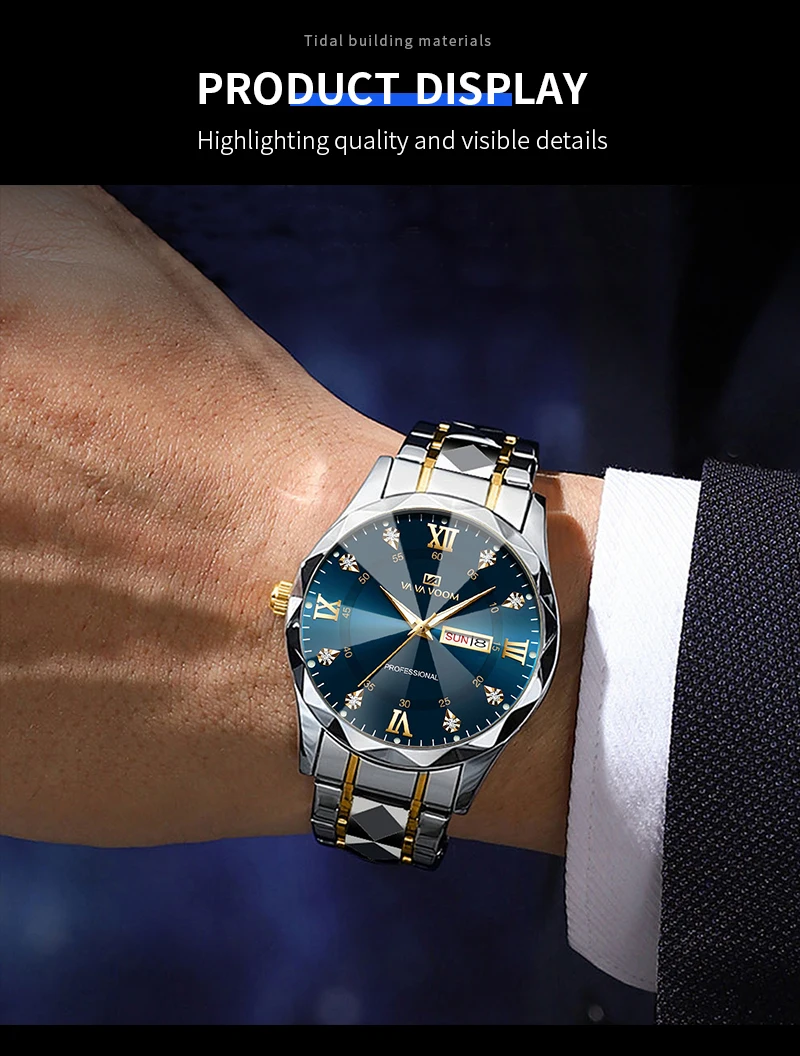 VA VA VOOM Luxury Rhinestone Watch Men Fashion Business 41mm Case Luminous Stainless Steel 3Bar Waterproof Quartz Watch for Men