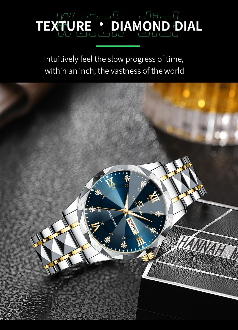 VA VA VOOM Luxury Rhinestone Watch Men Fashion Business 41mm Case Luminous Stainless Steel 3Bar Waterproof Quartz Watch for Men