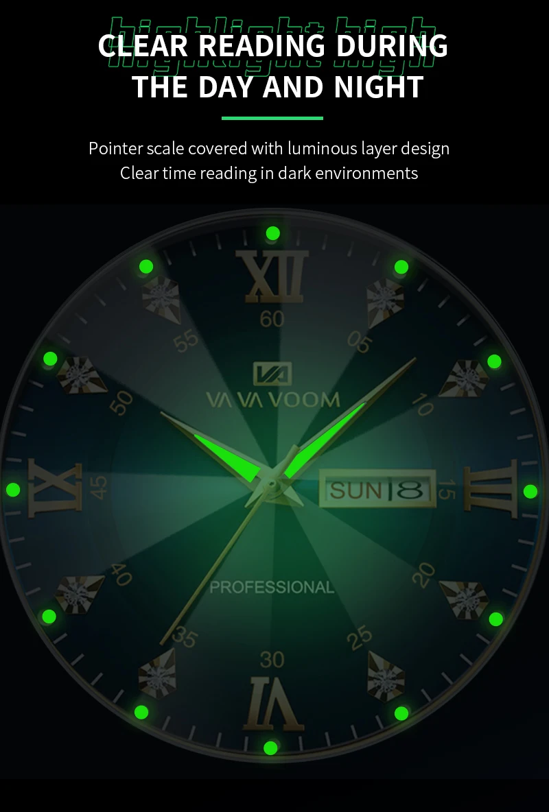 VA VA VOOM Luxury Rhinestone Watch Men Fashion Business 41mm Case Luminous Stainless Steel 3Bar Waterproof Quartz Watch for Men