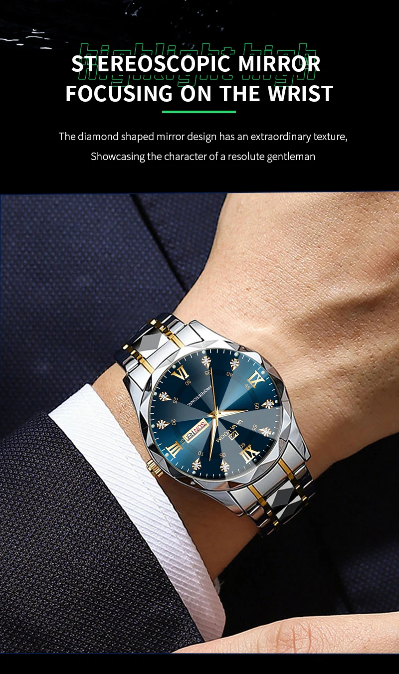 VA VA VOOM Luxury Rhinestone Watch Men Fashion Business 41mm Case Luminous Stainless Steel 3Bar Waterproof Quartz Watch for Men