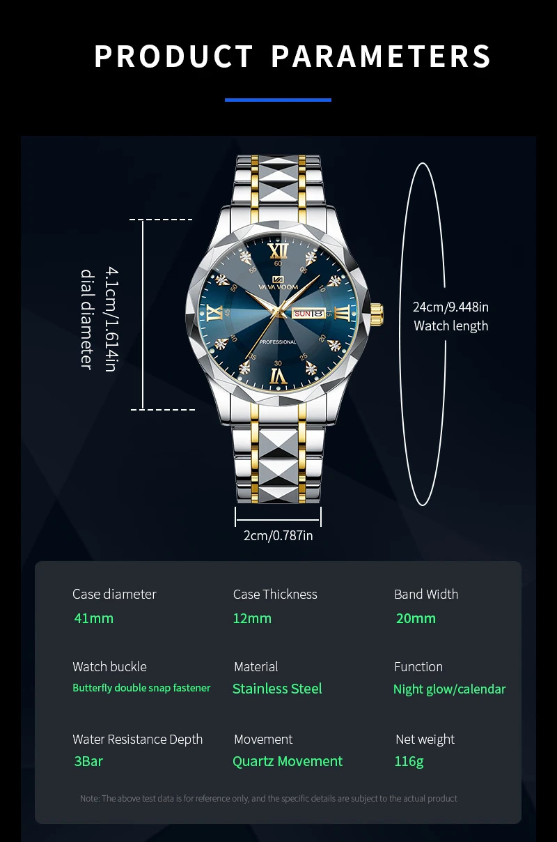 VA VA VOOM Luxury Rhinestone Watch Men Fashion Business 41mm Case Luminous Stainless Steel 3Bar Waterproof Quartz Watch for Men