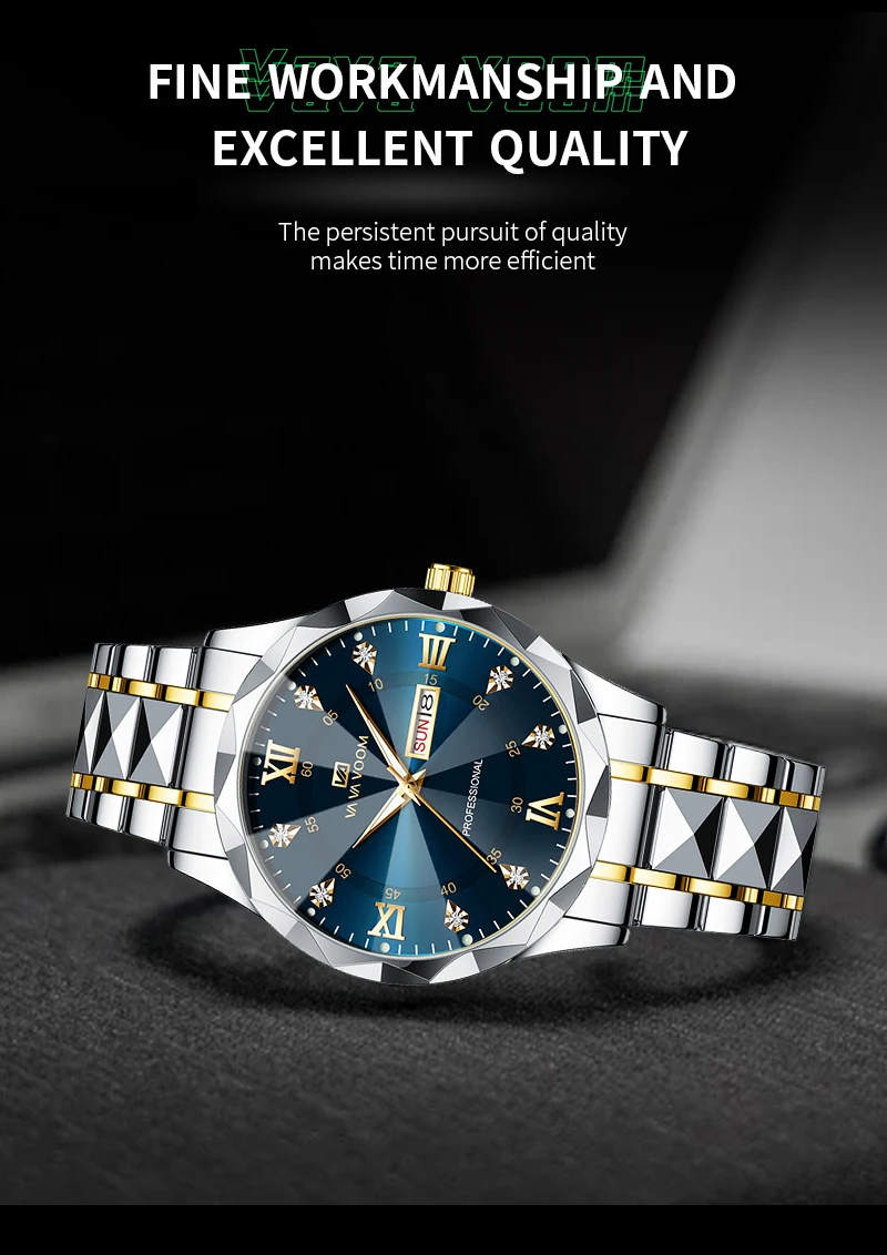 VA VA VOOM Luxury Rhinestone Watch Men Fashion Business 41mm Case Luminous Stainless Steel 3Bar Waterproof Quartz Watch for Men