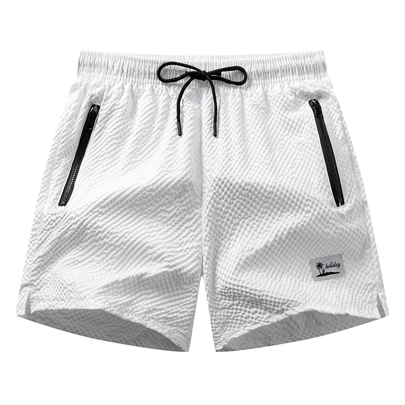 Men's Seersucker Beach Shorts with Mesh Liner Summer Casual Board Shorts with Zipper Pockets Quick Dry Swim Shorts Swim Trunks