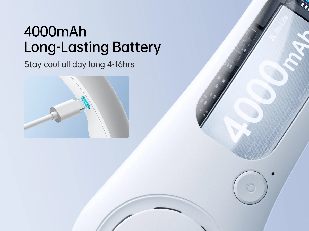 JISULIFE Portable Neck Fan, 4000mAh Battery Rechargeable, 5 Speeds Adjustable, Twistable Hands-Free Bladeless Neckband for Sport