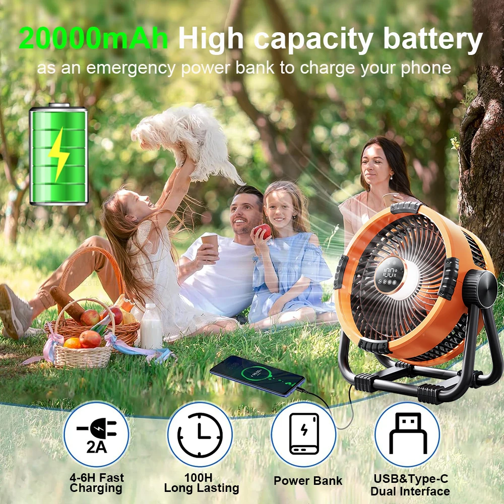 Camping Fan 20000mAh Rechargeable Battery Wireless Portable Outdoor Camping Fan Tent Ceiling Fan with Hook and LED AirCirculator