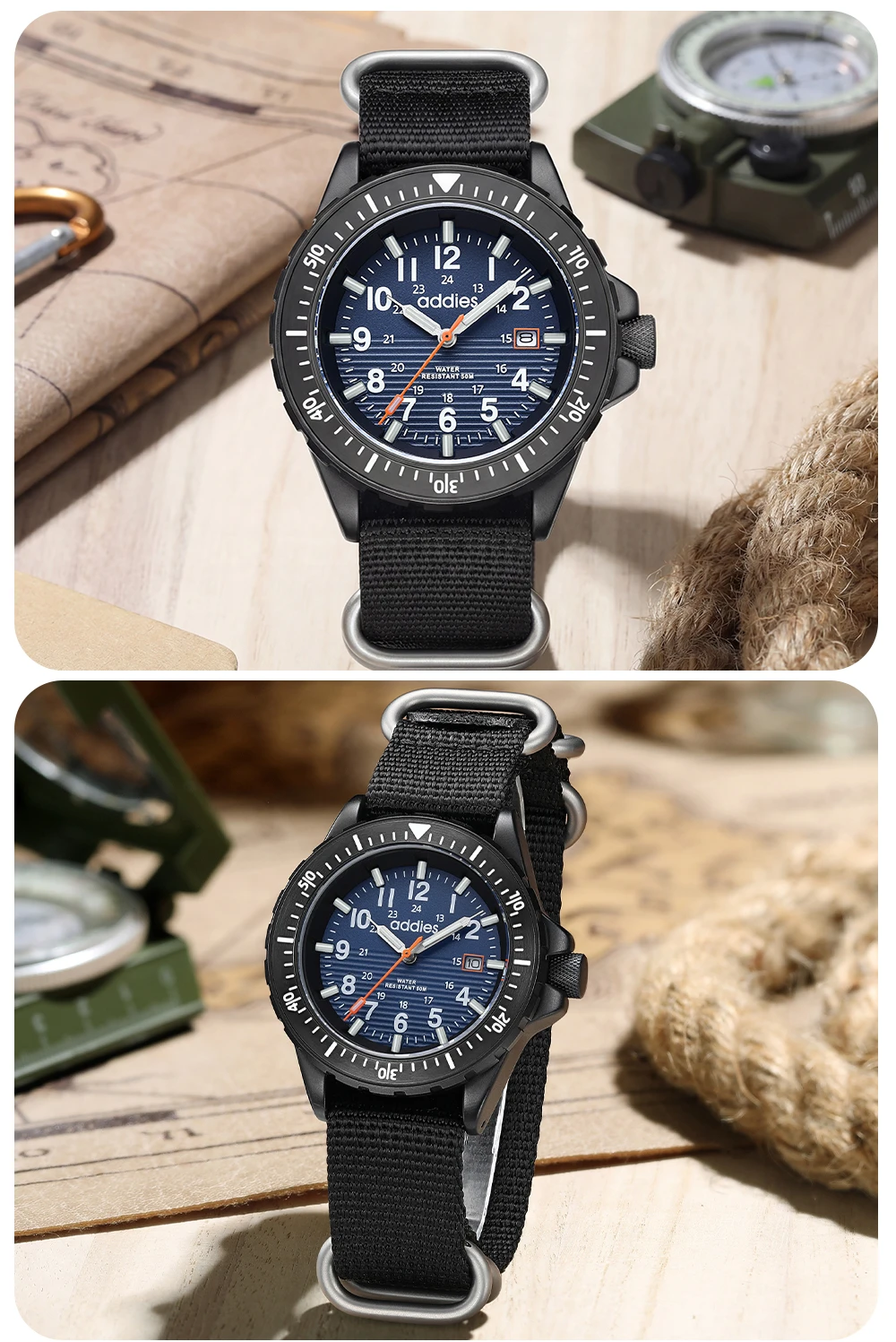 ADDIES 2026 New Men's Sports Quartz Watch Nylon Strap Swimming Waterproof Watch Tubular Luminous Outdoor Fashion Quartz Watch