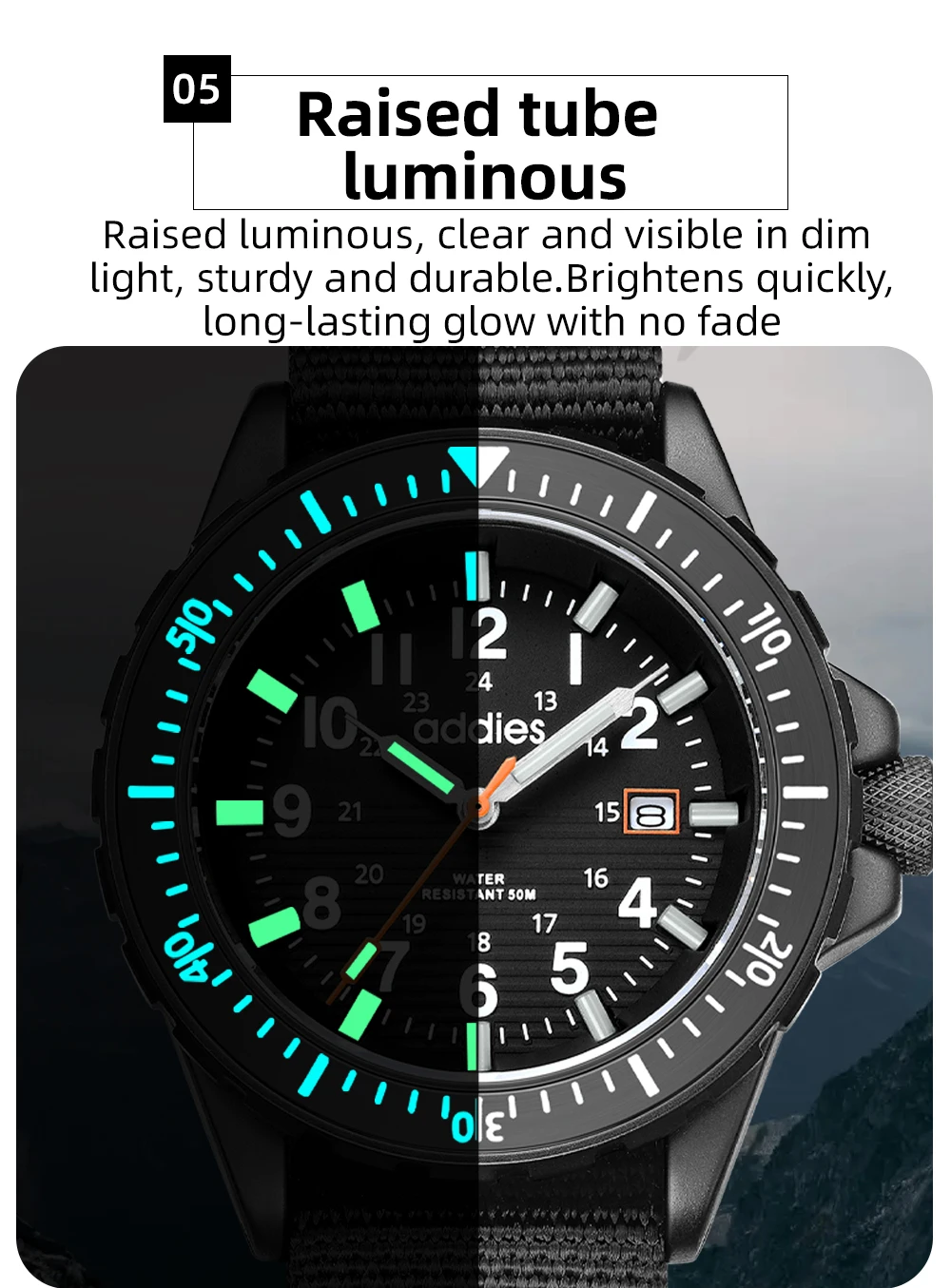 ADDIES 2026 New Men's Sports Quartz Watch Nylon Strap Swimming Waterproof Watch Tubular Luminous Outdoor Fashion Quartz Watch