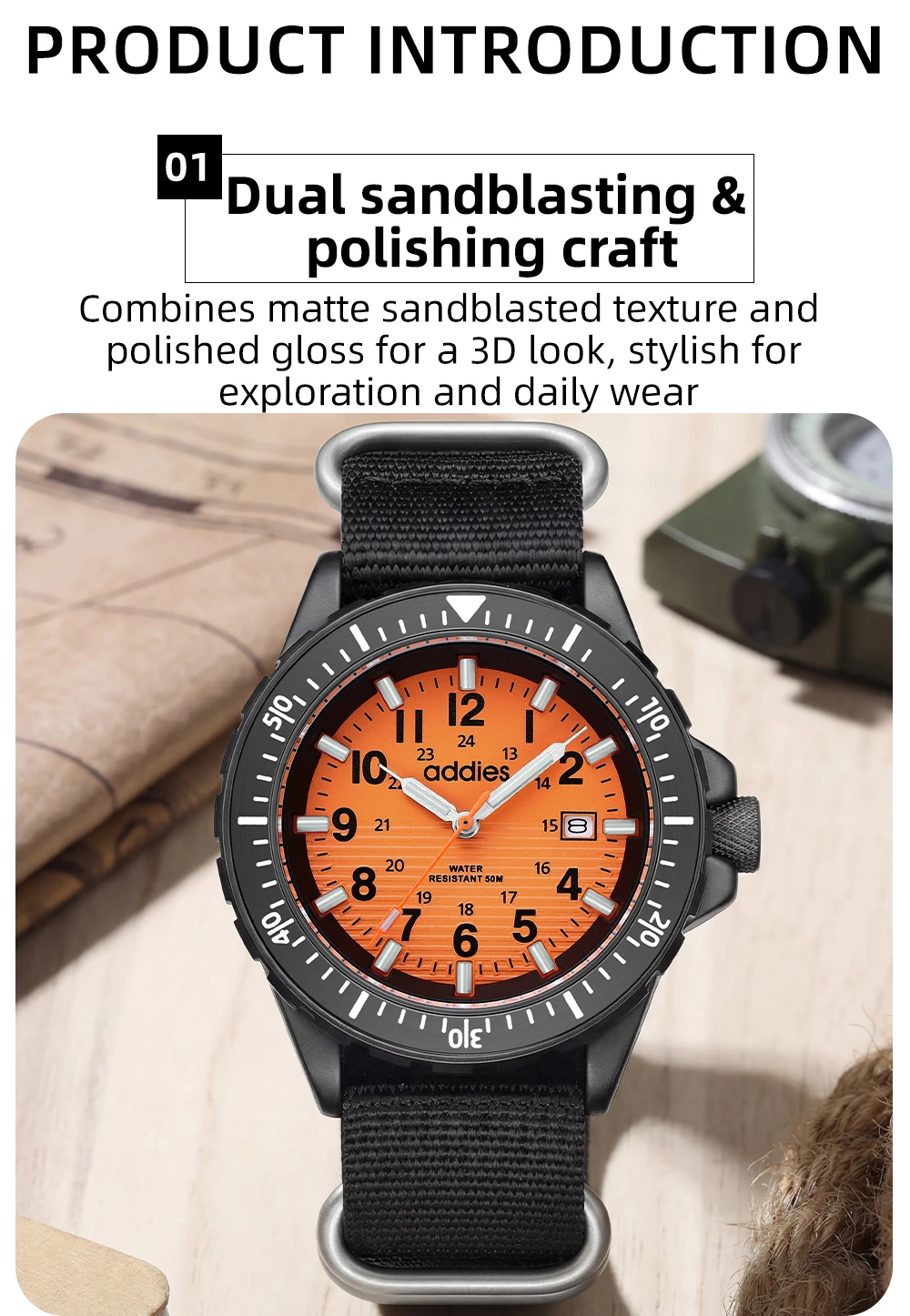 ADDIES 2026 New Men's Sports Quartz Watch Nylon Strap Swimming Waterproof Watch Tubular Luminous Outdoor Fashion Quartz Watch