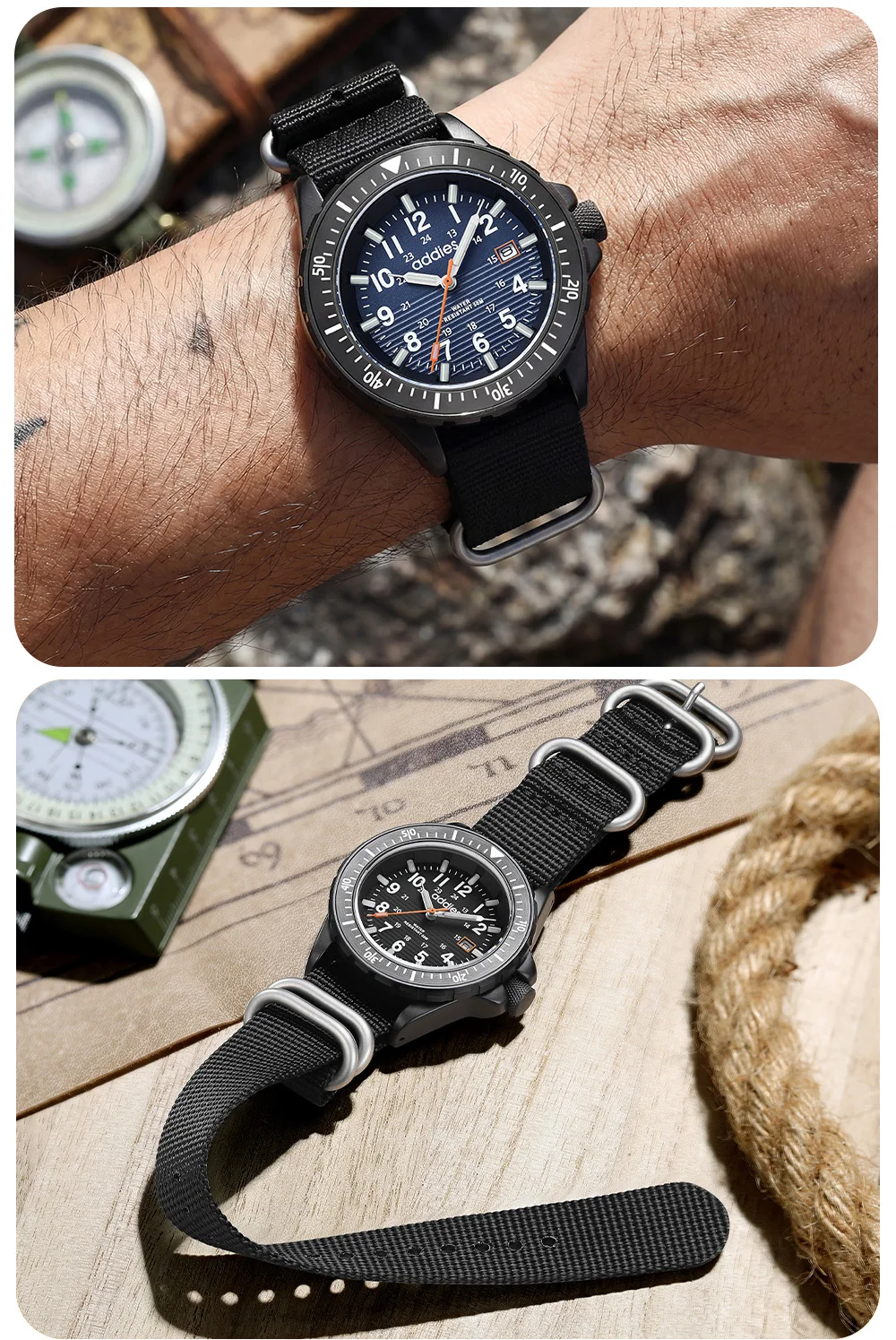ADDIES 2026 New Men's Sports Quartz Watch Nylon Strap Swimming Waterproof Watch Tubular Luminous Outdoor Fashion Quartz Watch