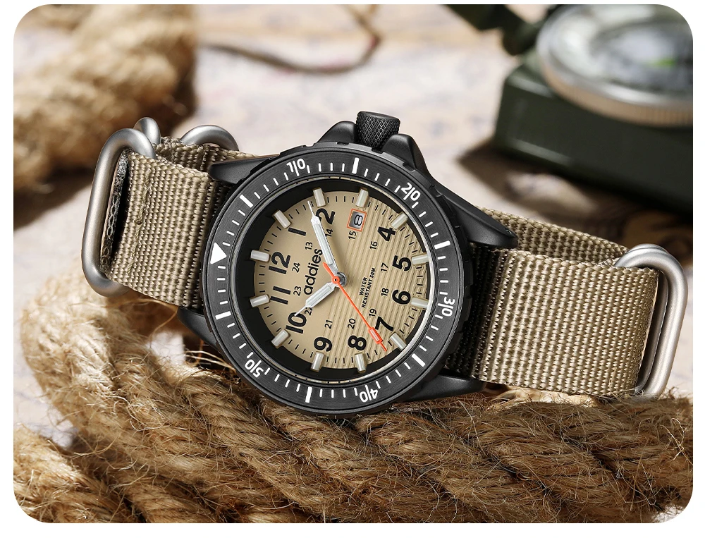 ADDIES 2026 New Men's Sports Quartz Watch Nylon Strap Swimming Waterproof Watch Tubular Luminous Outdoor Fashion Quartz Watch