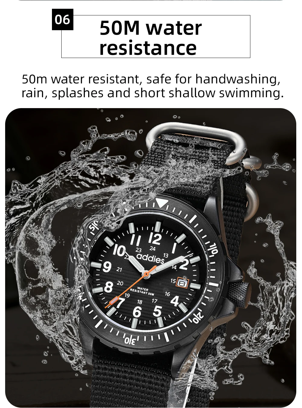 ADDIES 2026 New Men's Sports Quartz Watch Nylon Strap Swimming Waterproof Watch Tubular Luminous Outdoor Fashion Quartz Watch