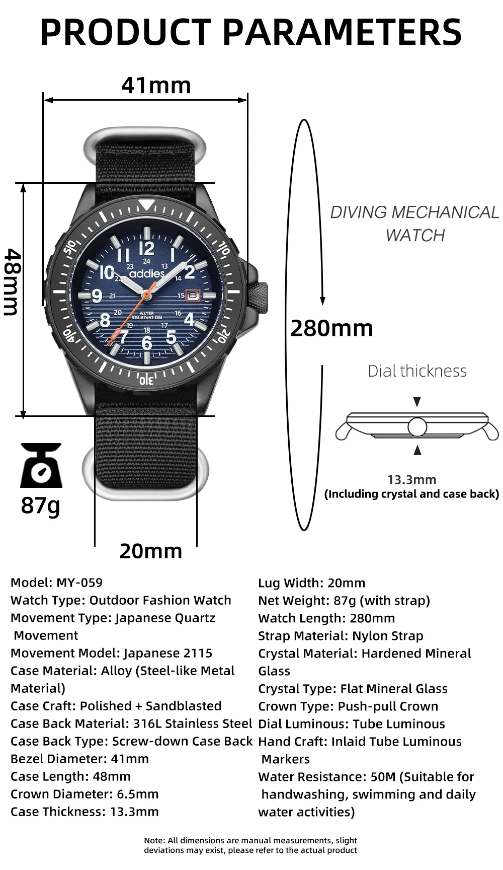 ADDIES 2026 New Men's Sports Quartz Watch Nylon Strap Swimming Waterproof Watch Tubular Luminous Outdoor Fashion Quartz Watch