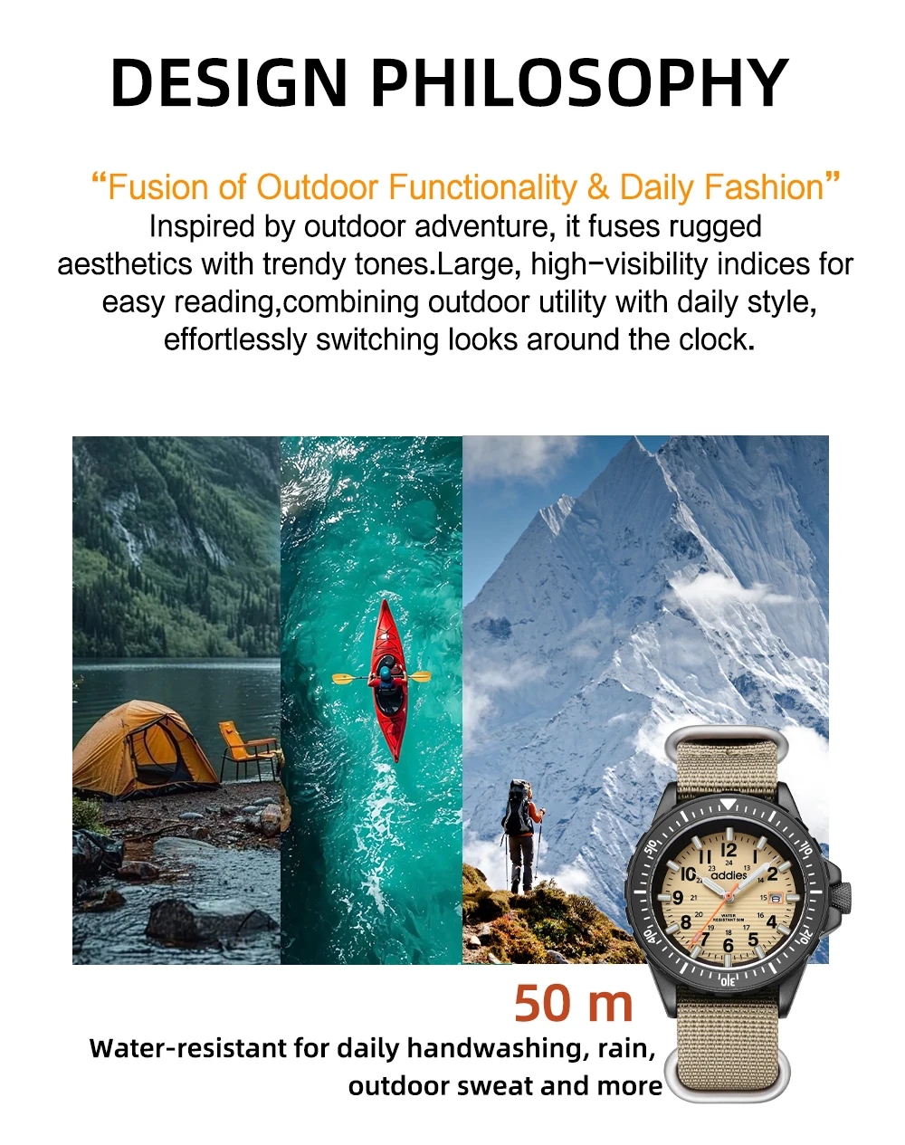 ADDIES 2026 New Men's Sports Quartz Watch Nylon Strap Swimming Waterproof Watch Tubular Luminous Outdoor Fashion Quartz Watch