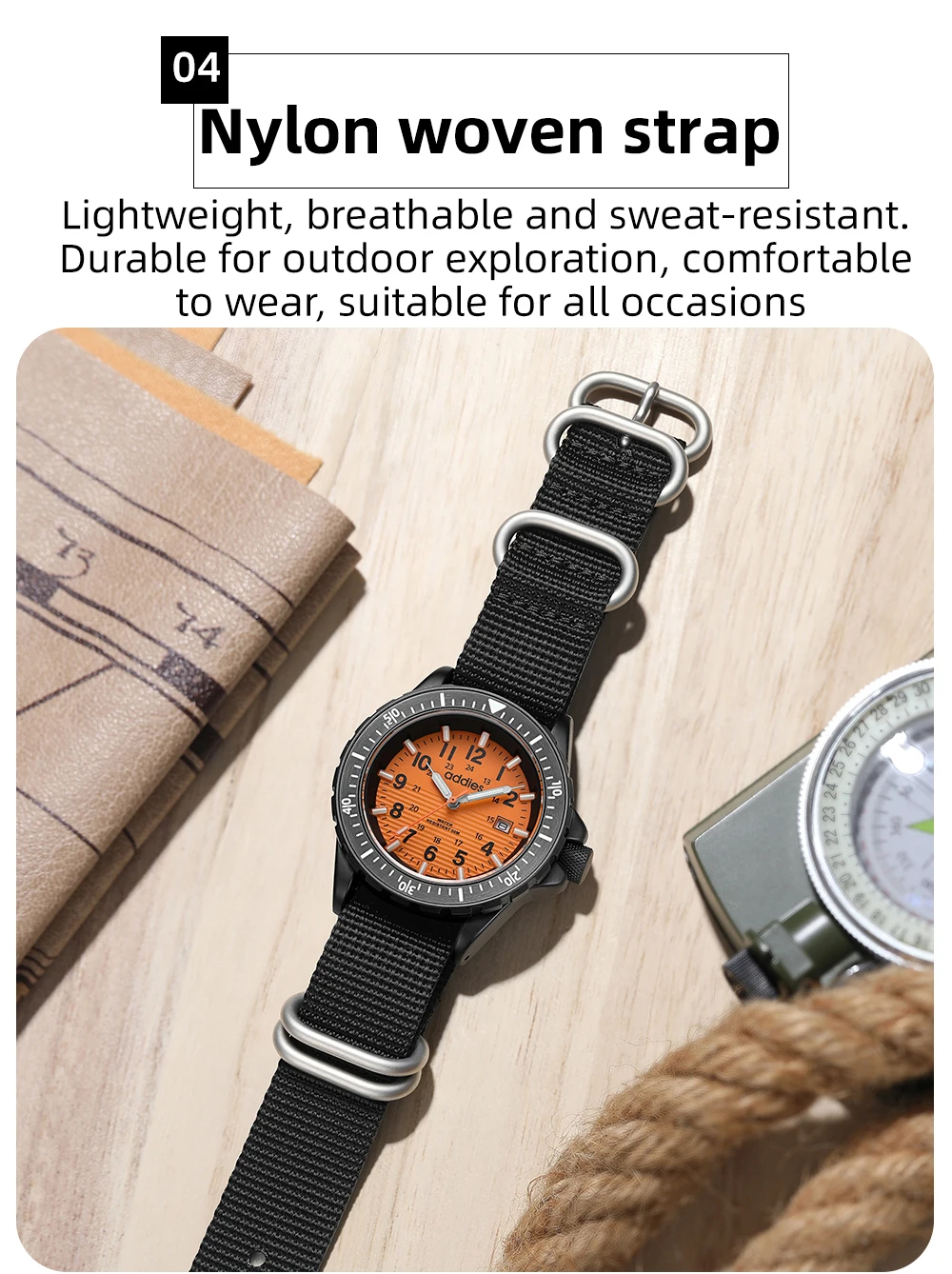ADDIES 2026 New Men's Sports Quartz Watch Nylon Strap Swimming Waterproof Watch Tubular Luminous Outdoor Fashion Quartz Watch