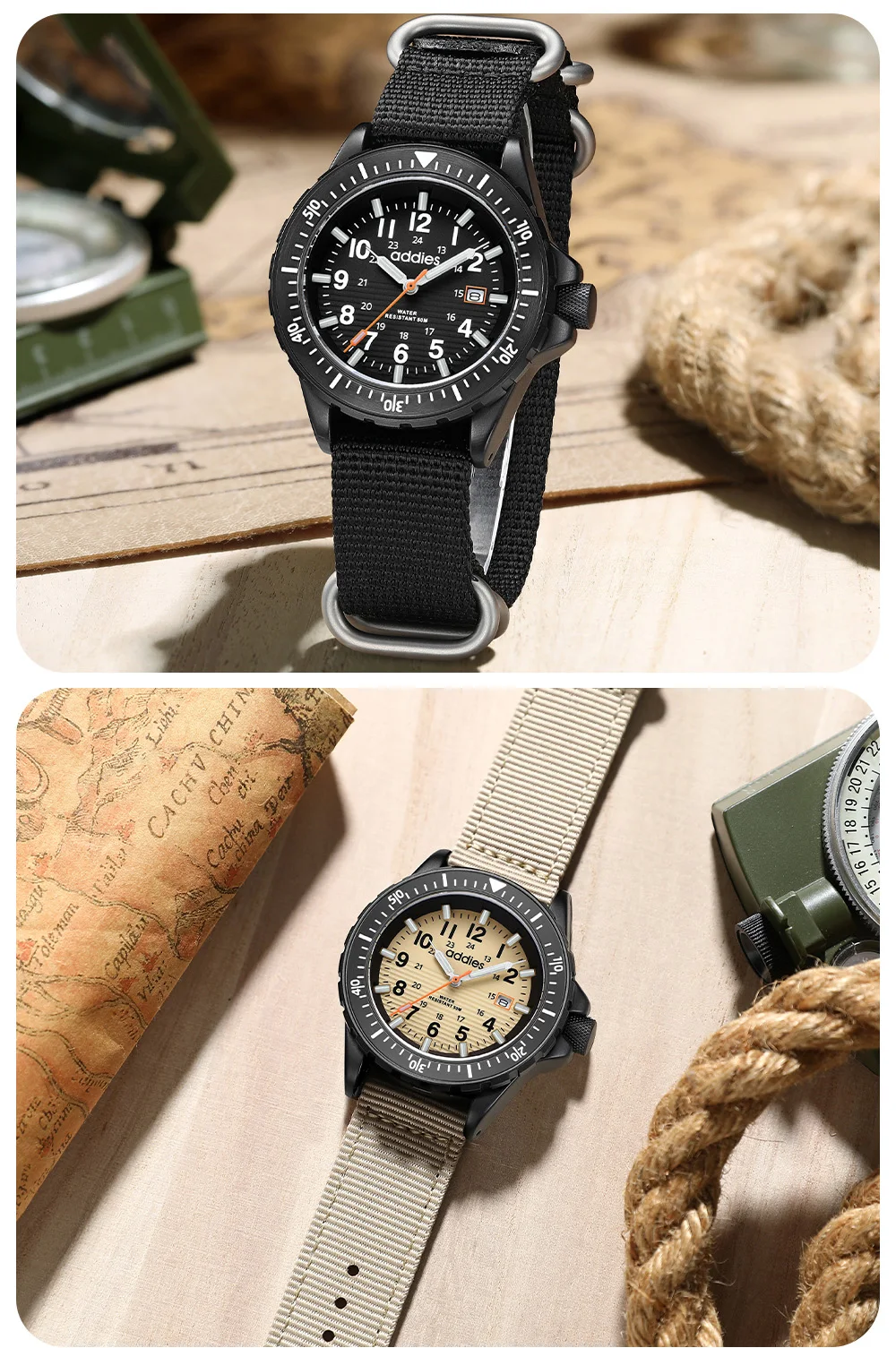 ADDIES 2026 New Men's Sports Quartz Watch Nylon Strap Swimming Waterproof Watch Tubular Luminous Outdoor Fashion Quartz Watch