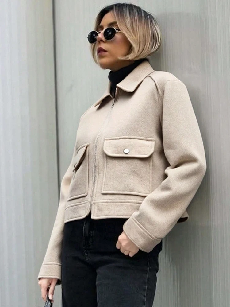 SLTNX Women's Zipper Jacket Coat New Winter Long Sleeve Pocket Outerwear Coat Short Street Elegant Women's Jacket
