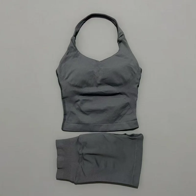 2 Pcs HISTELLO Halter Top Strappy Bra Shorts Set Women Yoga Workout Clothes Seamless Vest Hip-Lifting Sports Leggings Gym Suit