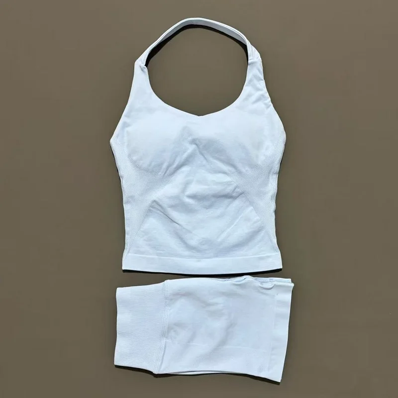 2 Pcs HISTELLO Halter Top Strappy Bra Shorts Set Women Yoga Workout Clothes Seamless Vest Hip-Lifting Sports Leggings Gym Suit