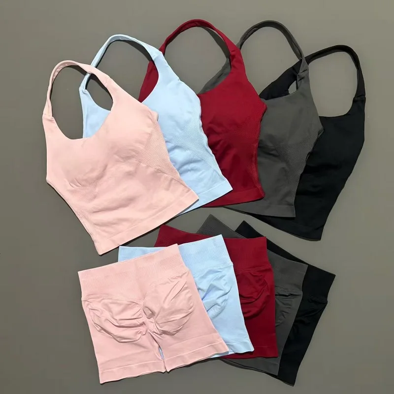 2 Pcs HISTELLO Halter Top Strappy Bra Shorts Set Women Yoga Workout Clothes Seamless Vest Hip-Lifting Sports Leggings Gym Suit