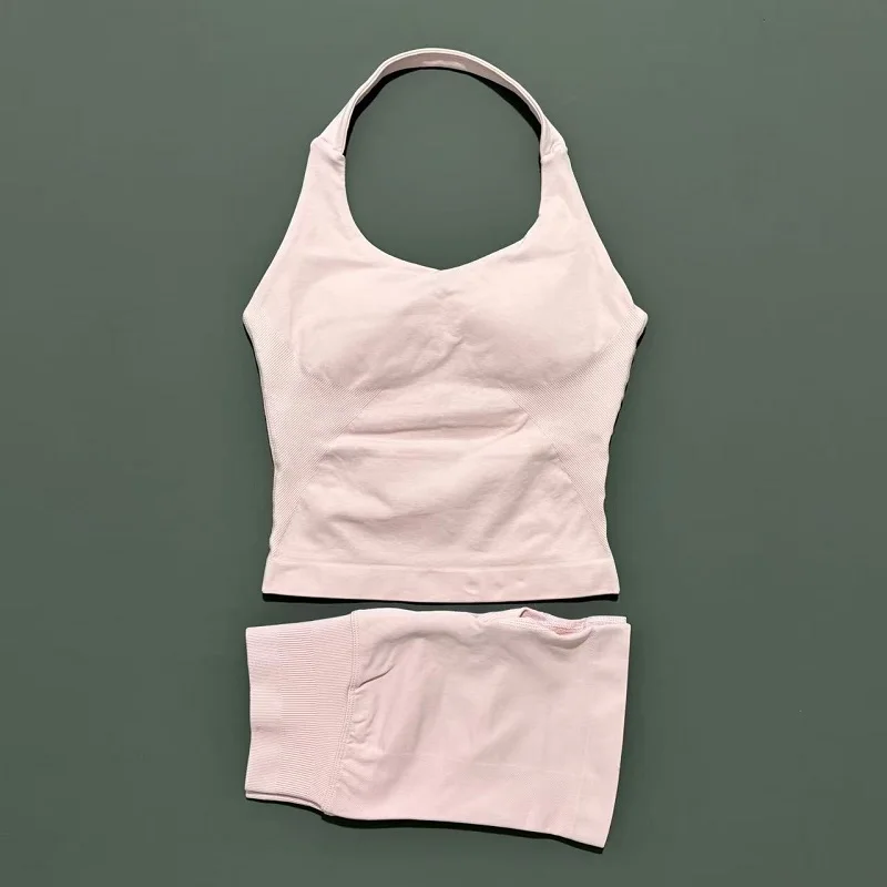 2 Pcs HISTELLO Halter Top Strappy Bra Shorts Set Women Yoga Workout Clothes Seamless Vest Hip-Lifting Sports Leggings Gym Suit