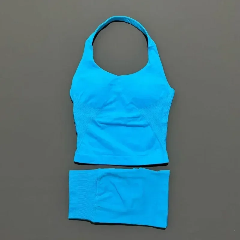 2 Pcs HISTELLO Halter Top Strappy Bra Shorts Set Women Yoga Workout Clothes Seamless Vest Hip-Lifting Sports Leggings Gym Suit
