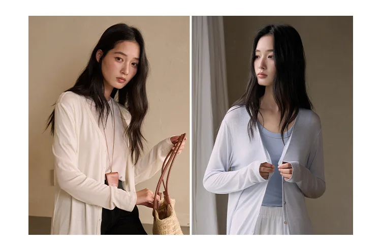 Spring Summer V Neck Cardigan For Women Silk Wool Skin-friendly Knitwear Lightweight Buttoned Coat